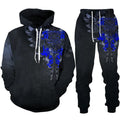 Black hoodie and pants set with blue and gray designs on a white background