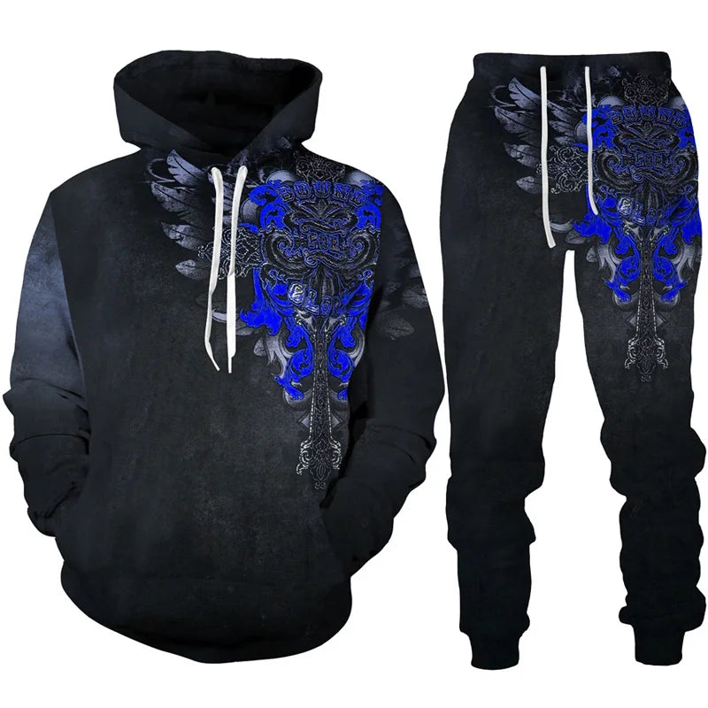 Black hoodie and pants set with blue and gray designs on a white background