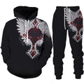 Black hoodie and pants set with winged cross design on a white background