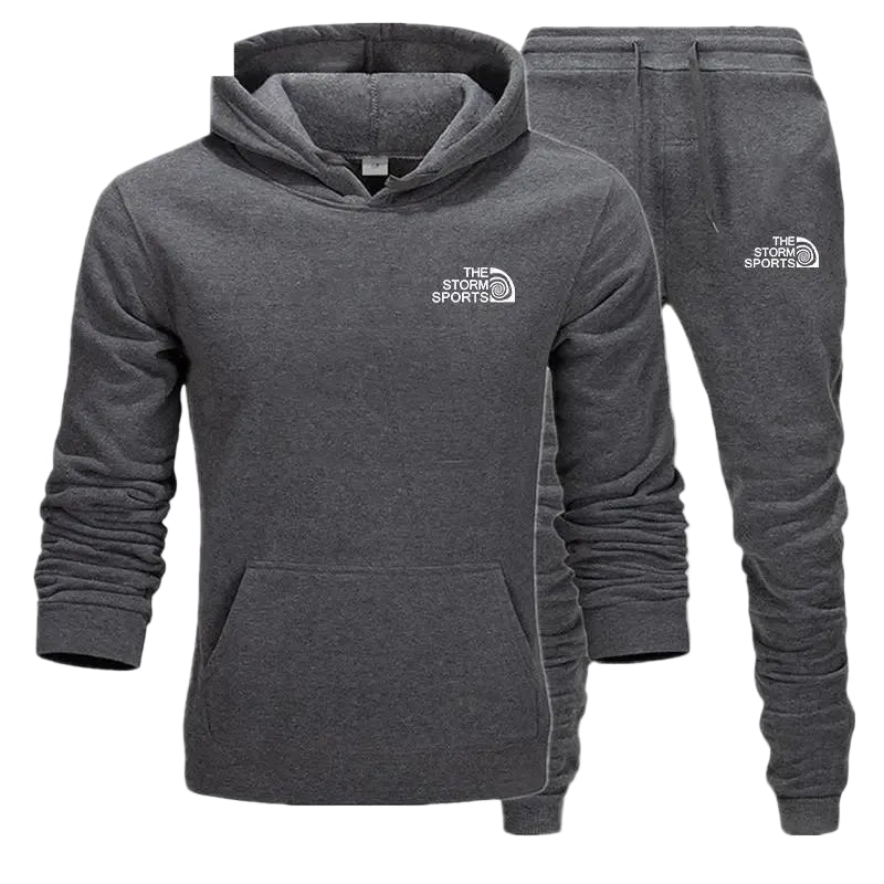 Gray hoodie and pants set with 'The Storm Sports' logo on a white background