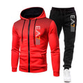 Red hoodie and black pants with a brand logo on a white background
