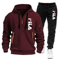 Maroon hoodie and black pants with Fila logo on a white background