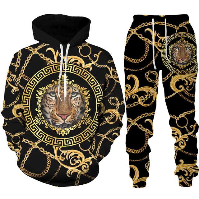 Black hoodie and pants set with gold chains and clocks on a white background