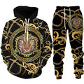 Black hoodie and pants set with gold chain and tiger design on a white background