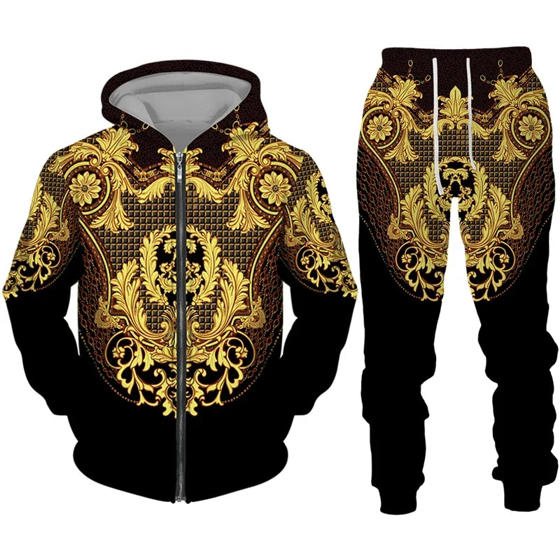 Gold and black patterned hoodie and pants set on a white background