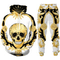Hoodie and pants set with gold skull design and black floral patterns on a white background