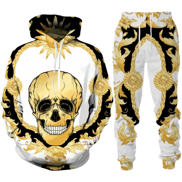 Hoodie and pants set with gold skull design and black floral patterns on a white background