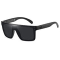 Black sunglasses with a brand logo on a white background