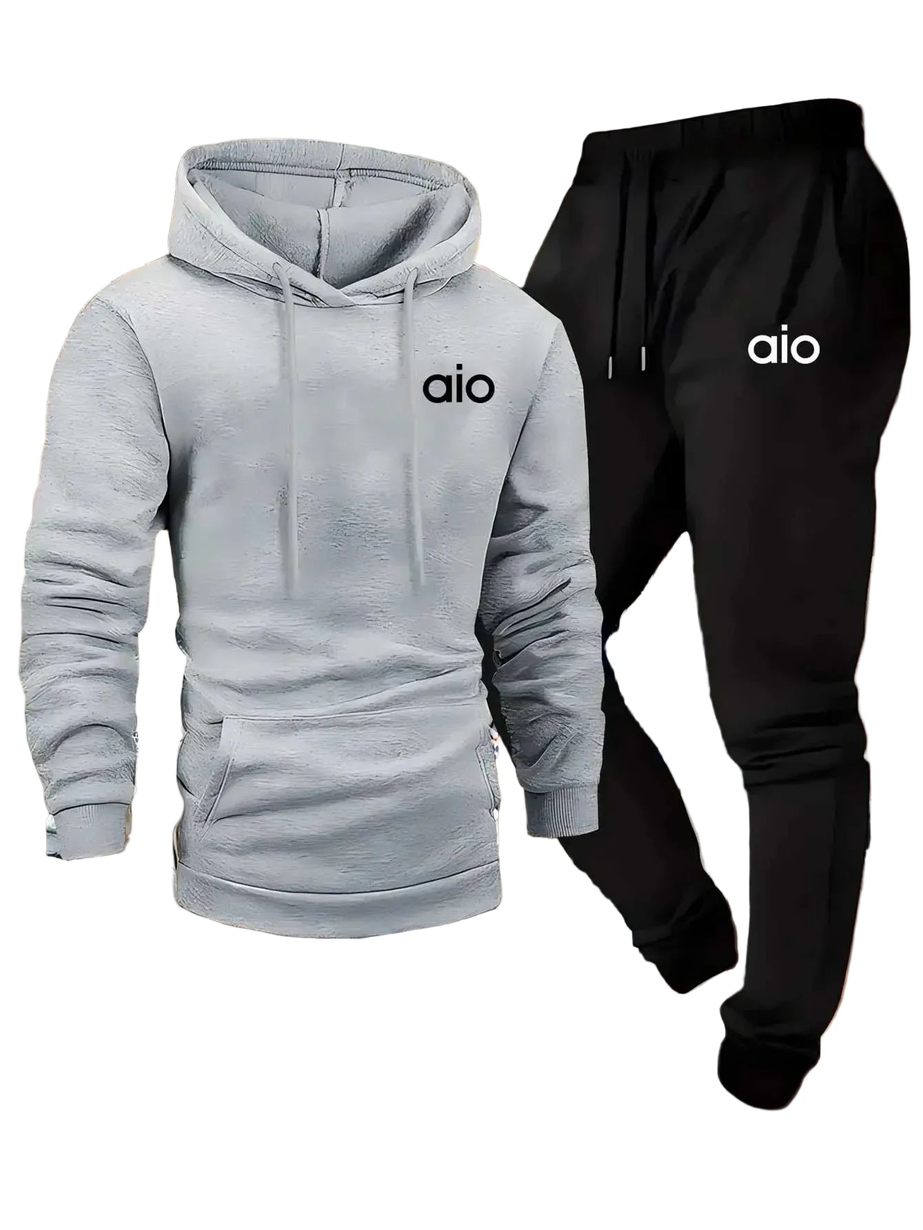 Gray hoodie and black pants with 'aio' logo on a wooden shelf background
