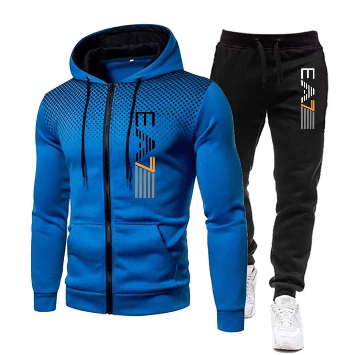 Blue hoodie and black pants with brand logos on a white background