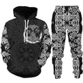 Black and white hoodie and pants set with intricate designs on a white background