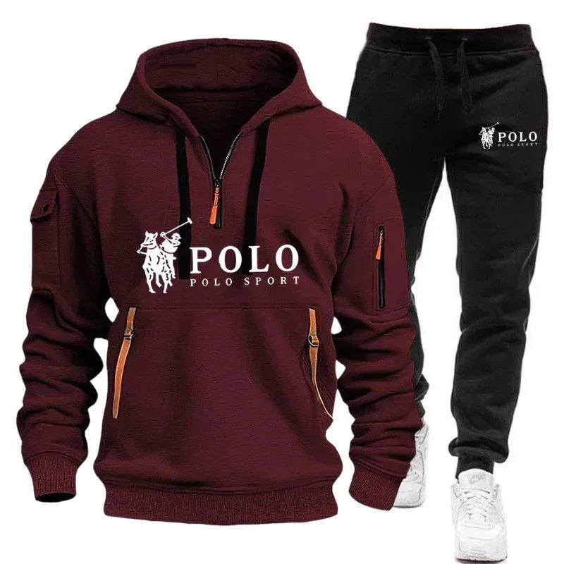 Maroon hoodie and black pants set with Polo Ralph Lauren logo on a white background