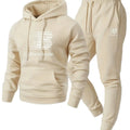 Beige hoodie and jogger set with a brand logo on a light gray background