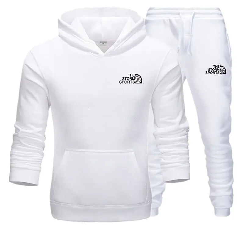 White hoodie and pants set with 'The Storm Sports' logo on a white background