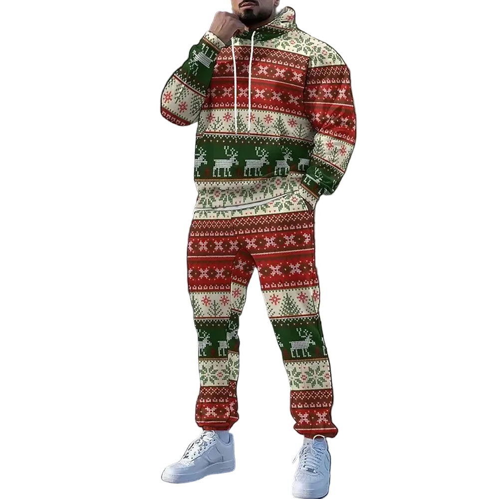 Person wearing a festive patterned onesie with reindeer and snowflakes in a modern setting.