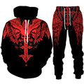 Black hoodie and pants set with red and white graphic design on a white background