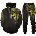 Black hoodie and pants set with yellow and white designs on a white background
