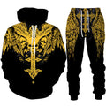 Black hoodie and pants set with gold eagle design on a white background