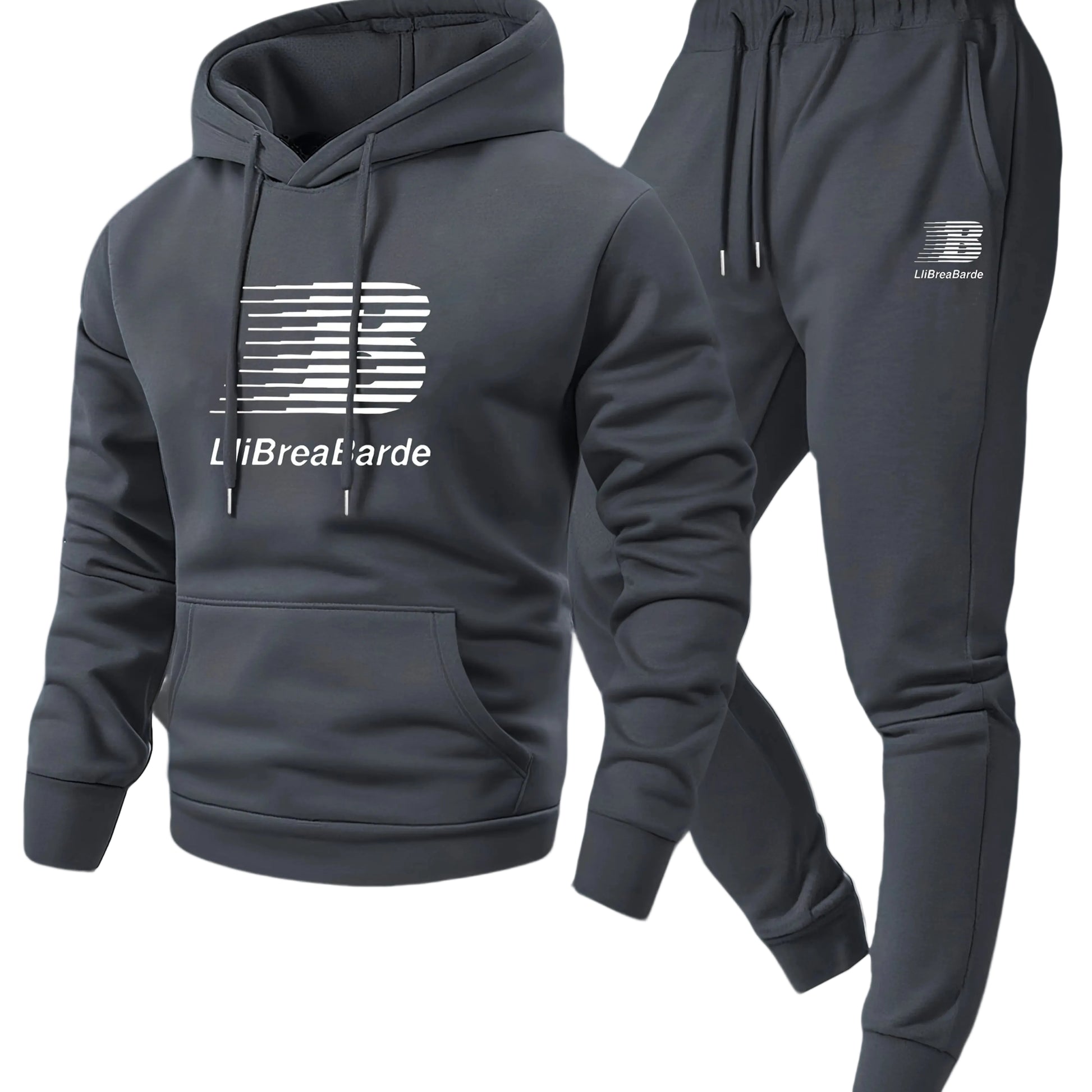 Dark gray hoodie and jogger set with a brand logo on a light gray background