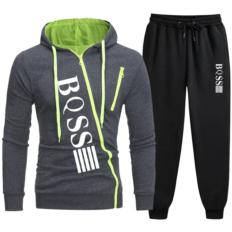 Gray hoodie with green accents and black pants featuring 'BOSS' branding on a white background
