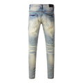 Blue distressed jeans on a white background