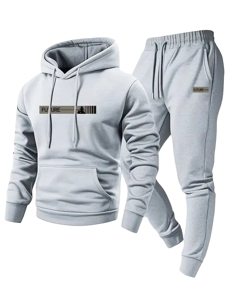 Gray hoodie and pants set with brand logo on a light gray background