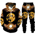 Black hoodie and pants set with gold dragon design on a white background