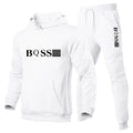 White hoodie and pants set with 'BOSS' branding on a white background