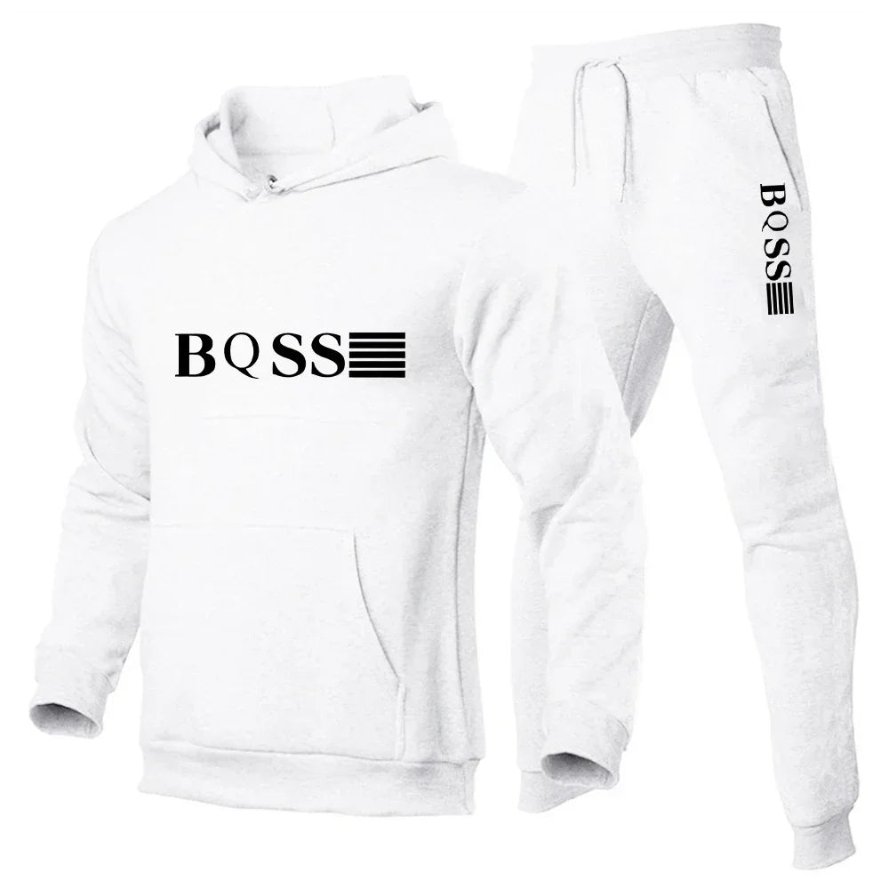 White hoodie and pants set with 'BOSS' branding on a white background