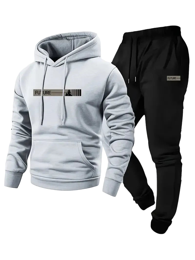 Gray hoodie and black pants set on a white background