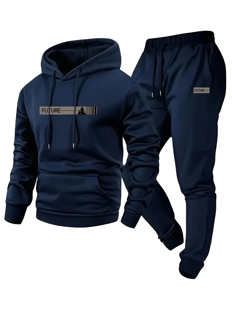 Navy blue hoodie and jogger set with 'FUTURE' text on a white background
