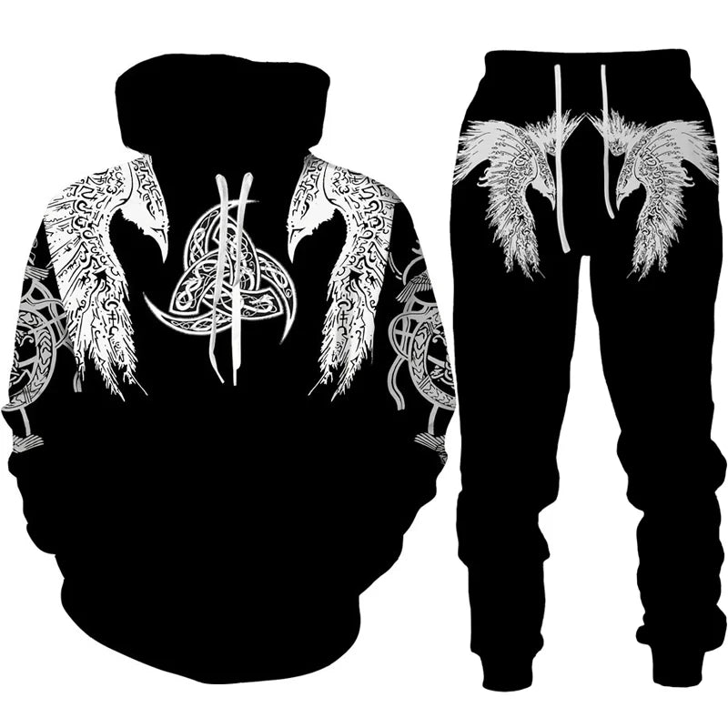 Black hoodie and pants with white tribal designs on a white background