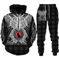 Black hoodie and pants set with white and red design on a white background