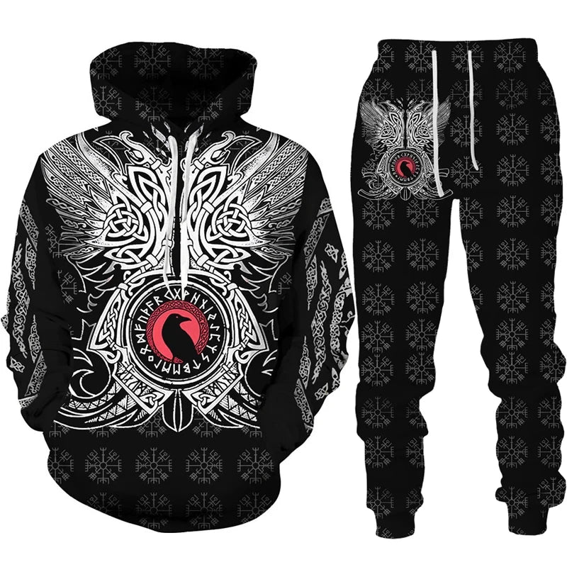 Black hoodie and pants set with white and red design on a white background