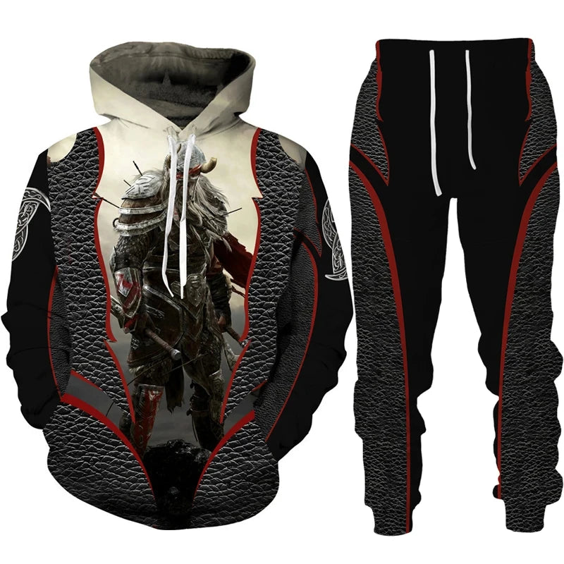 Hoodie and pants set with warrior design on a white background