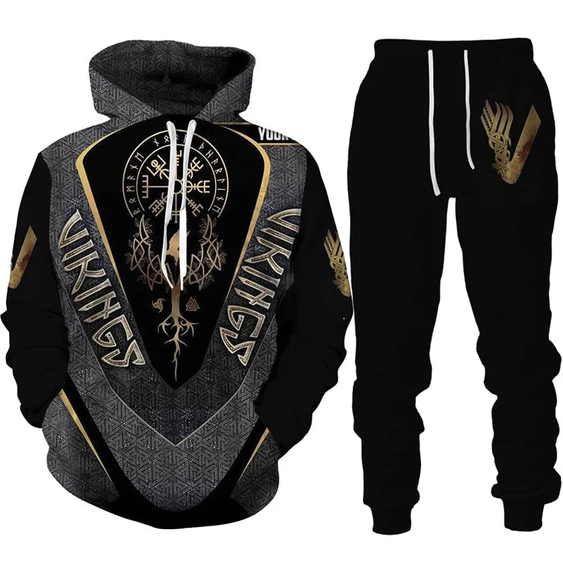 Viking-themed hoodie and pants set with intricate designs on a white background