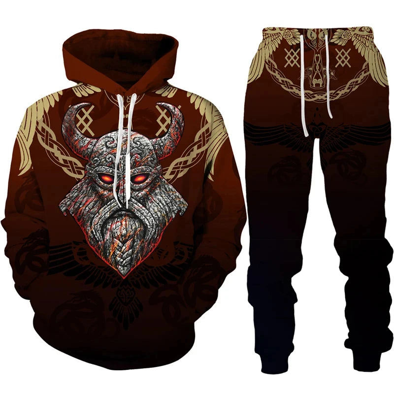 Viking-themed hoodie and pants set with intricate designs on a white background