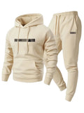 Beige hoodie and jogger set with brand logo on a white background