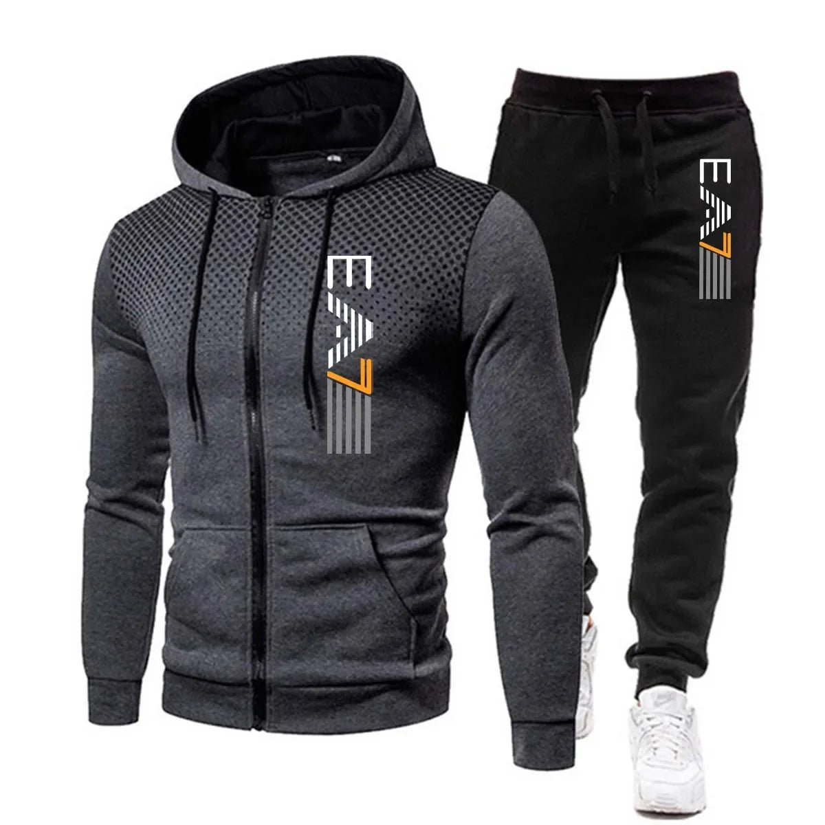 Gray hoodie and black pants with a logo on a white background