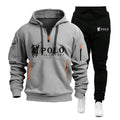 Gray hoodie and black pants set with Polo Sport logo on a white background