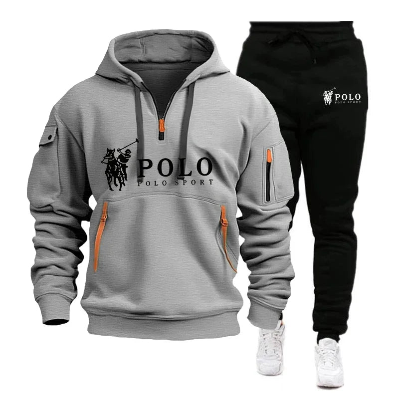 Gray hoodie and black pants set with Polo Sport logo on a white background