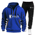Blue hoodie and black pants with Polo Sport logo on a white background