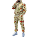 Person wearing a festive hoodie and pants set with holiday-themed patterns against a modern building background.