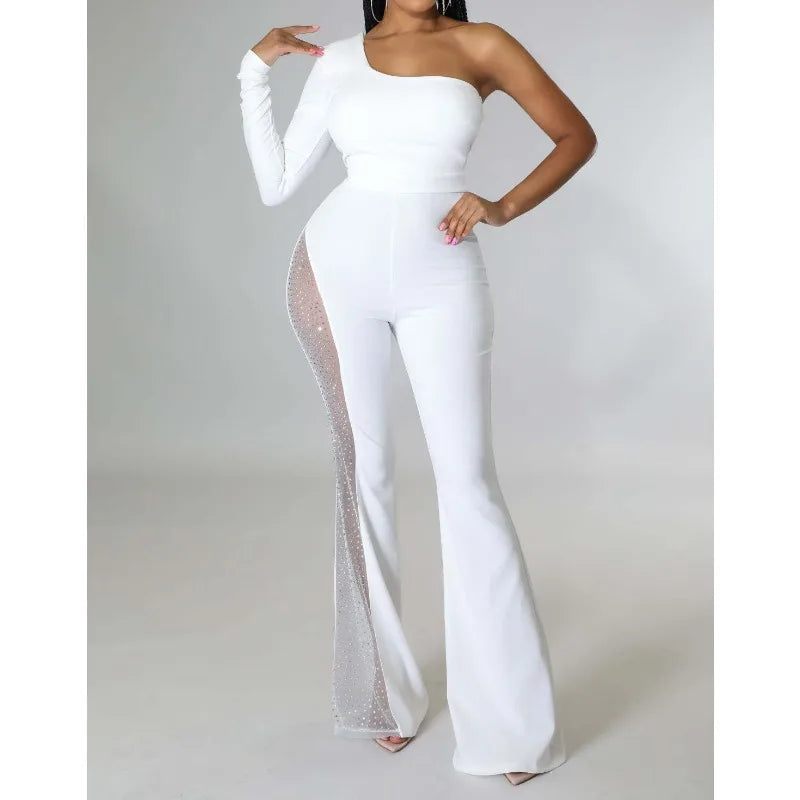 women’s one-shoulder jumpsuit, trendy women’s romper, trendy flare pants, stylish women's romper, spring/summer jumpsuit, special occasion jumpsuit, sophisticated club outfit, skinny fit jumpsuit, sexy women’s romper, sexy off-shoulder jumpsuit, polyester mesh jumpsuit, party jumpsuit for women, one-sleeve women's jumpsuit, night out jumpsuit, modern women's romper, 

