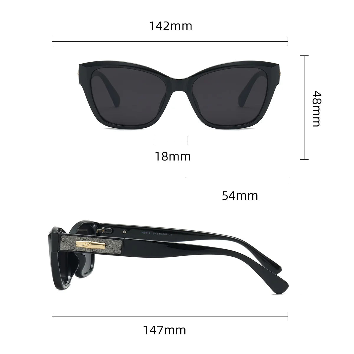 Black sunglasses with measurements on a white background