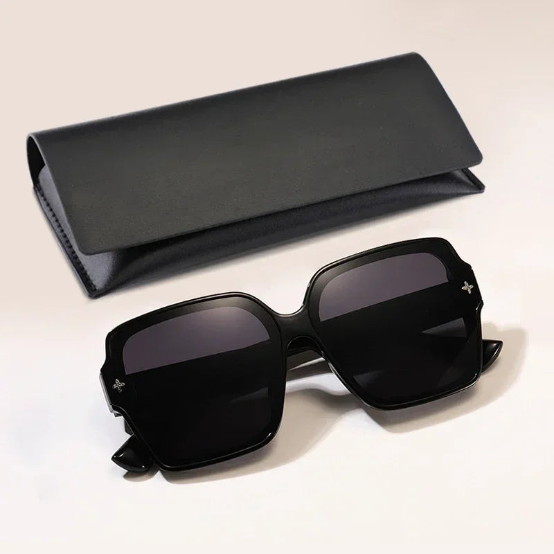 Black sunglass with a black eyewear case on a light background