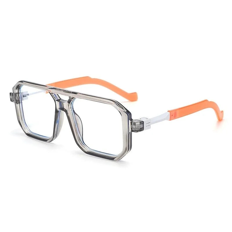 Clear eyeglasses with orange temple tips on a white background