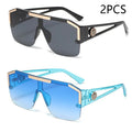 Two pairs of sunglasses, one black and one blue, on a white background with '2PCS' text above.