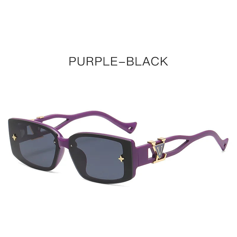 Purple and black sunglasses with decorative elements on a white background