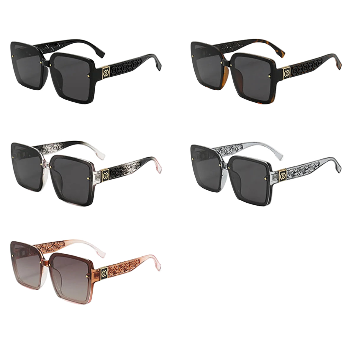 Collection of sunglasses with different frame colors and lens types on a white background.
